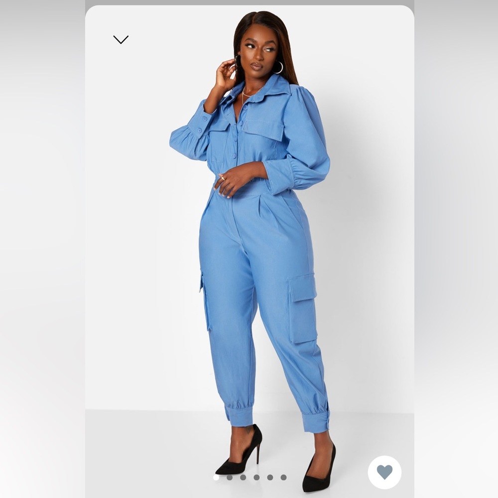 Precious Cargo Puff Sleeve Button Front Jumpsuit - Light Blue